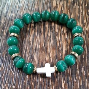 Green Bead Stretch Bracelet with White Cross and Gold Accents